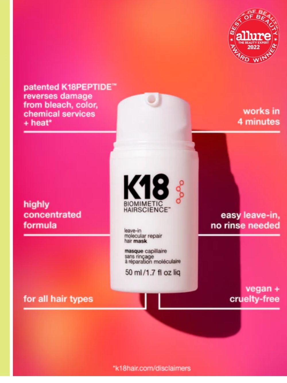 NWT K18 Leave-In Molecular Repair Hair Mask Treatment 1.7oz